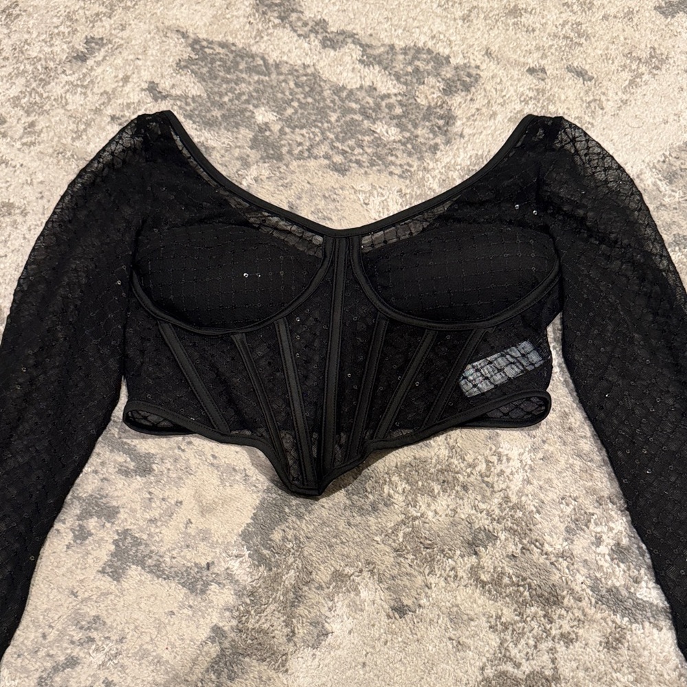 Black Mesh Long Sleeve Corset Top